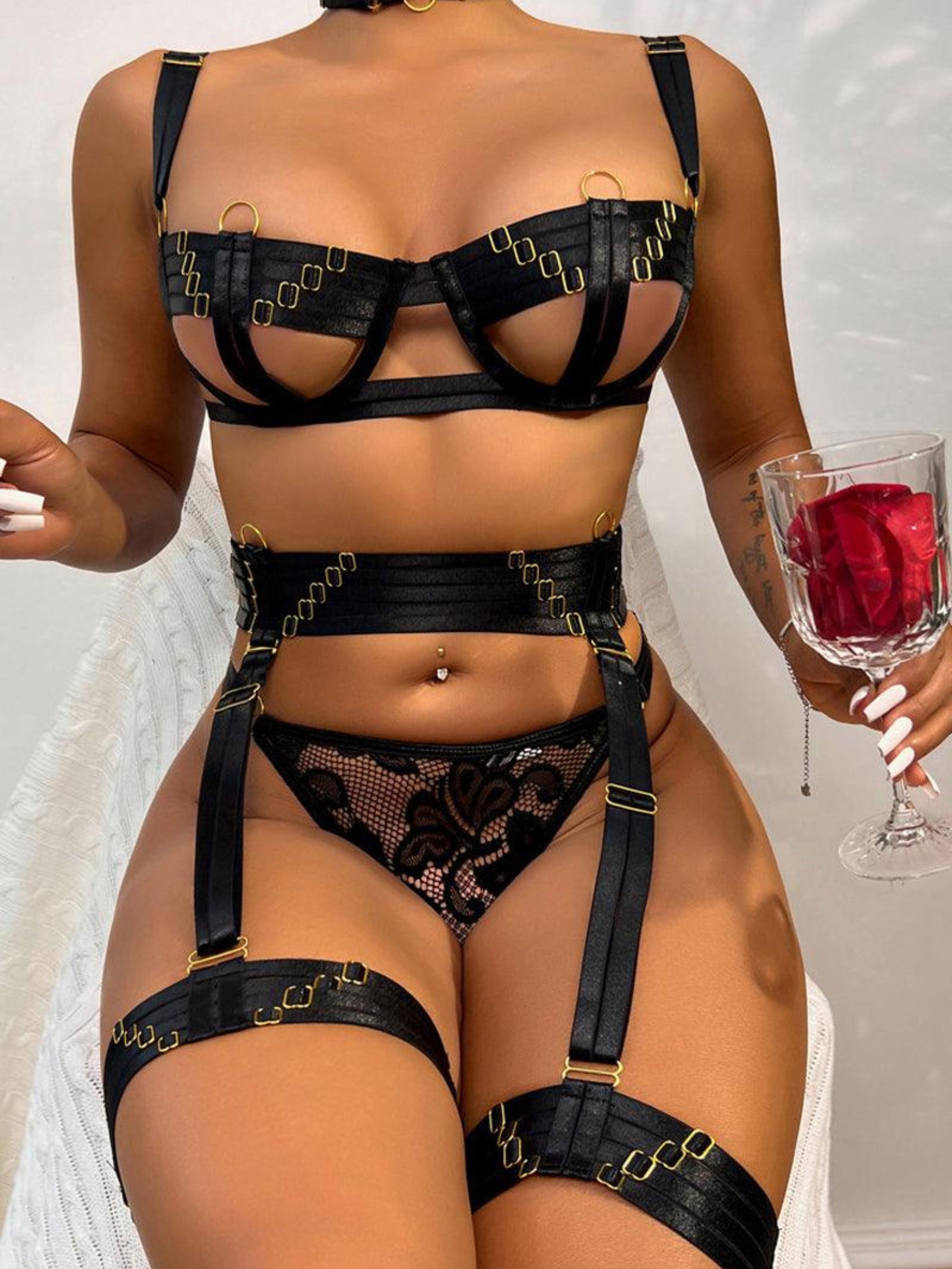 Seductive Black Strappy Cupless Lingerie Set Ideal Lingerie