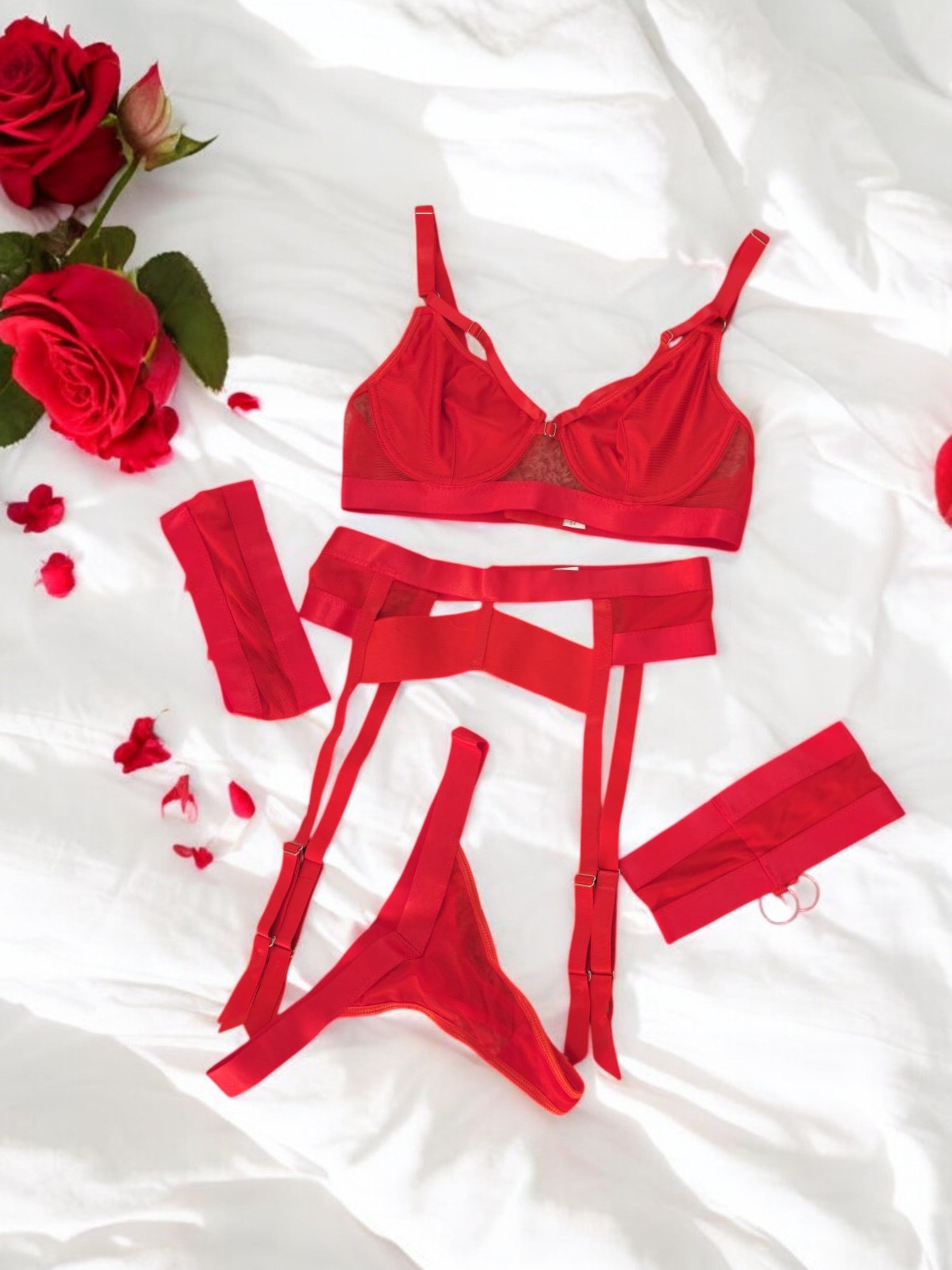 Sensual Red Lace Five-Piece Lingerie Set – Ultimate Elegance Ideal Lingerie