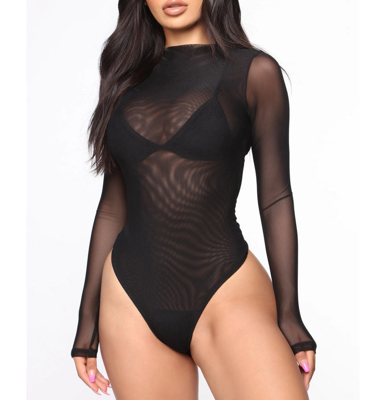 Black Transparent Long-Sleeve Bodysuit (M/L) Ideal Lingerie