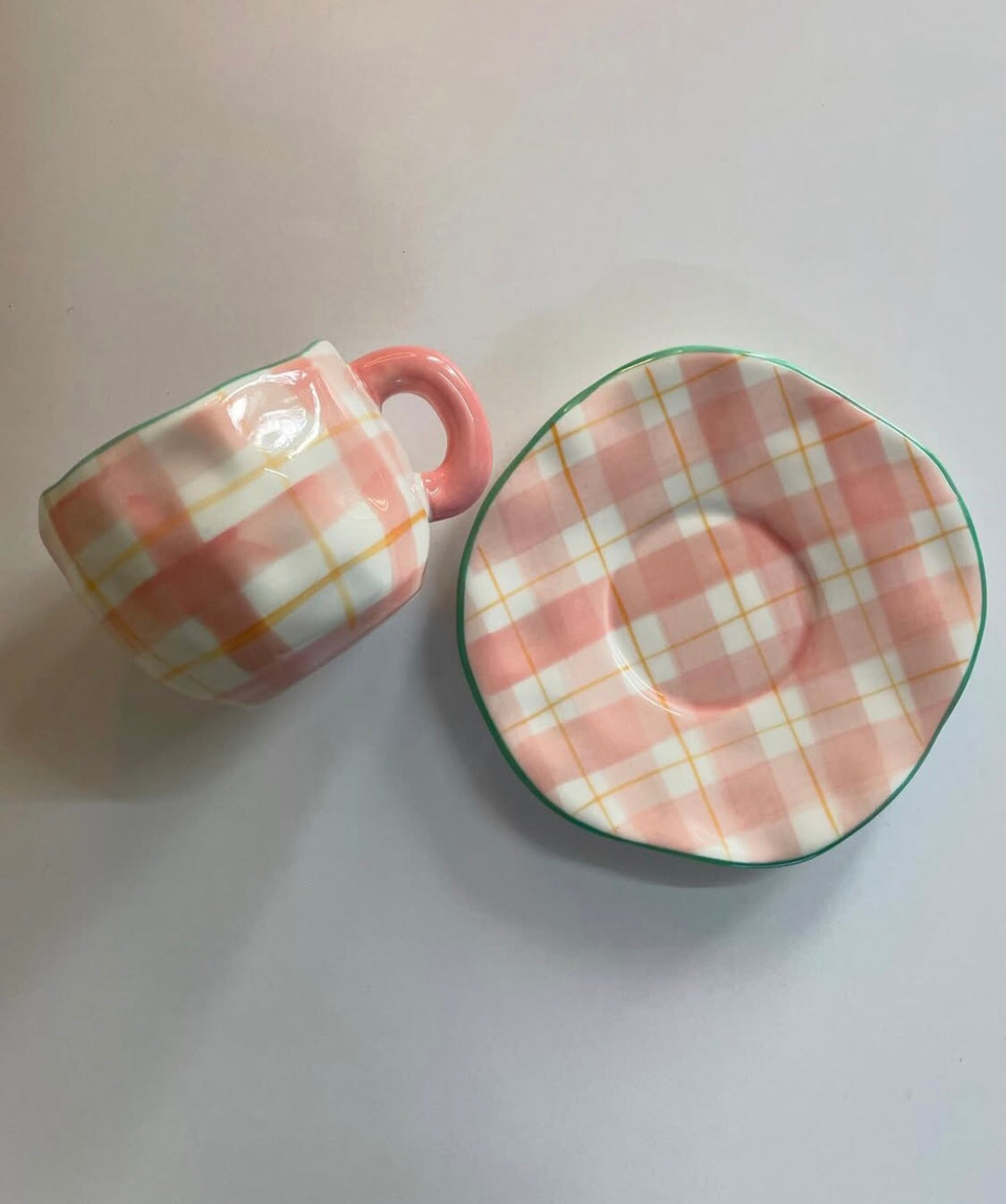 Mug With Saucer Pink Squares Plus Green Border (54-90) - 300 Ml Farawla