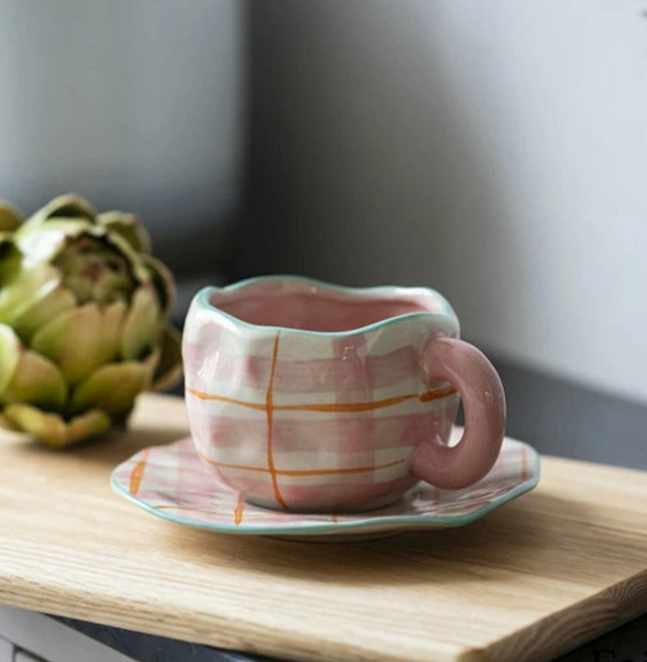 Mug With Saucer Pink Squares Plus Green Border (54-90) - 300 Ml Farawla