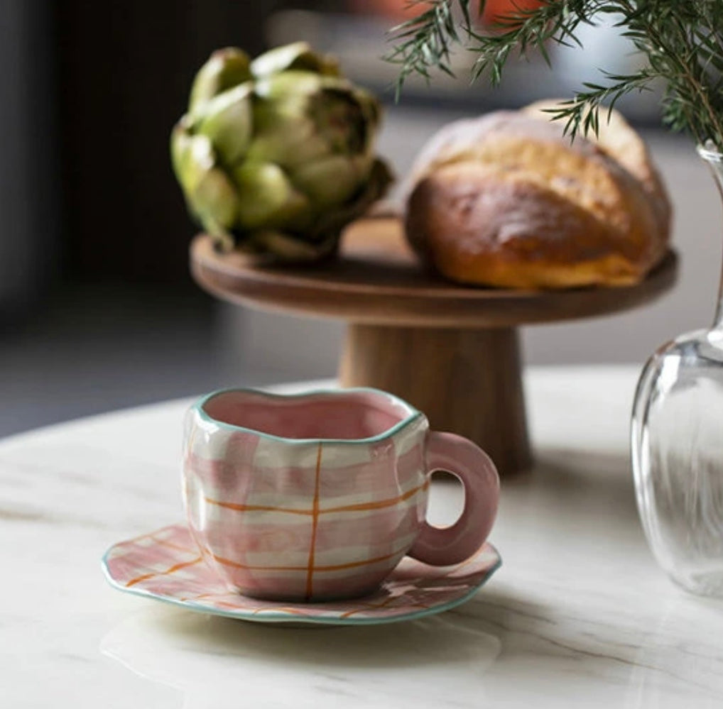 Mug With Saucer Pink Squares Plus Green Border (54-90) - 300 Ml Farawla