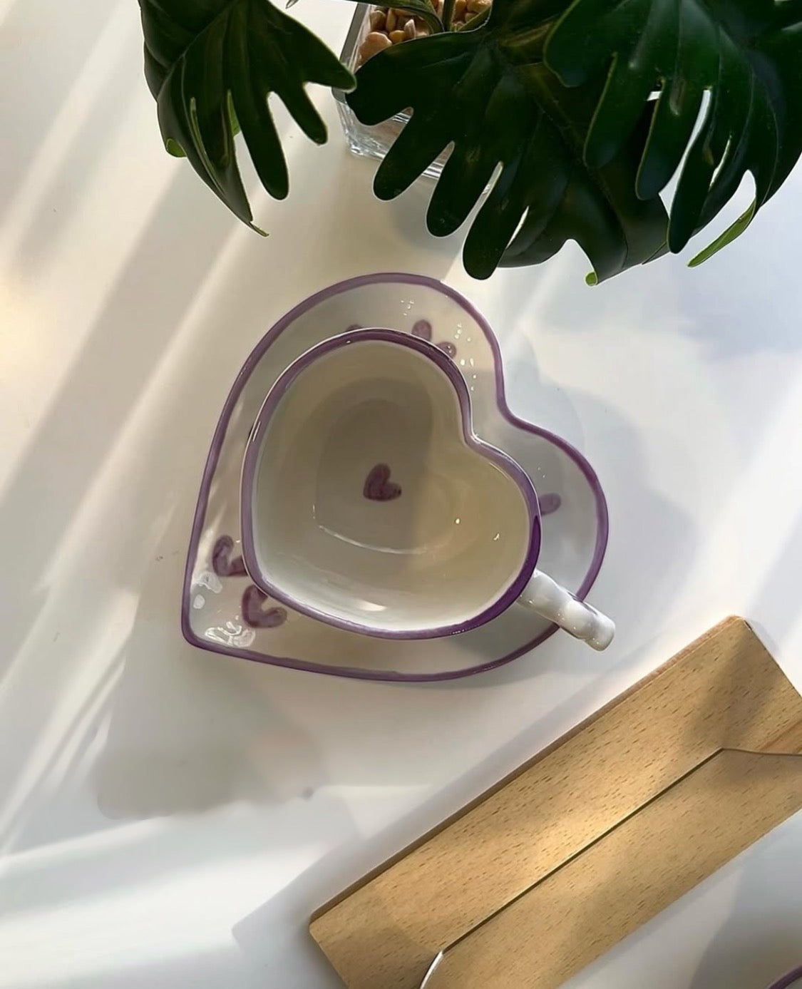 Heart Shape Mug With Saucer White With Purple Hearts (54-98) - 250 Ml Farawla
