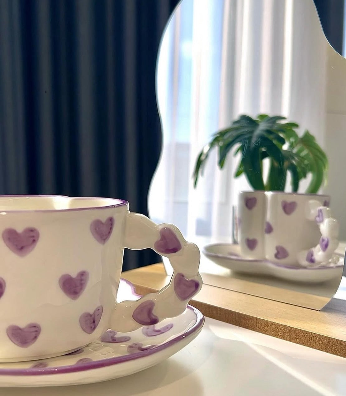 Heart Shape Mug With Saucer White With Purple Hearts (54-98) - 250 Ml Farawla