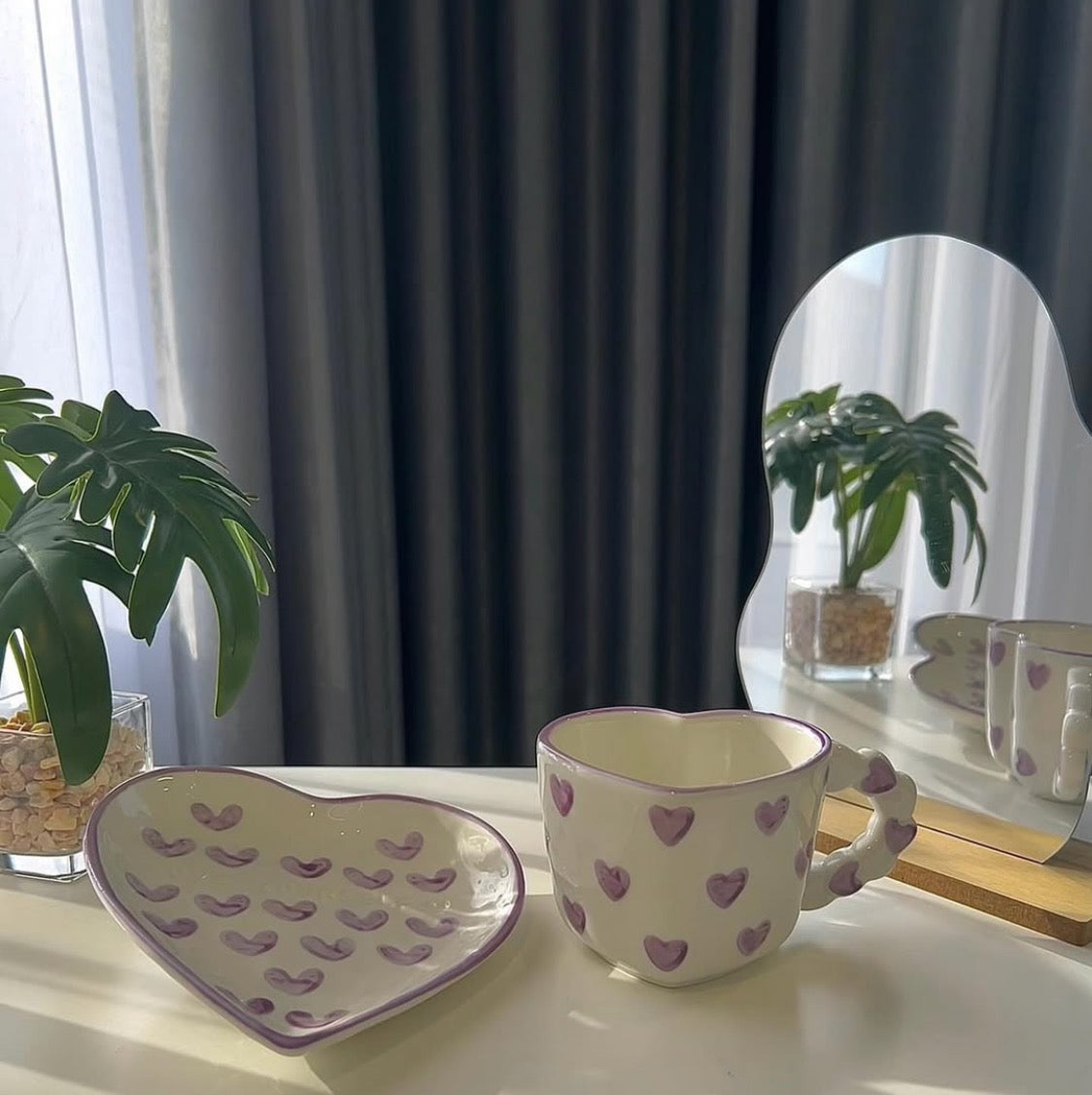 Heart Shape Mug With Saucer White With Purple Hearts (54-98) - 250 Ml Farawla