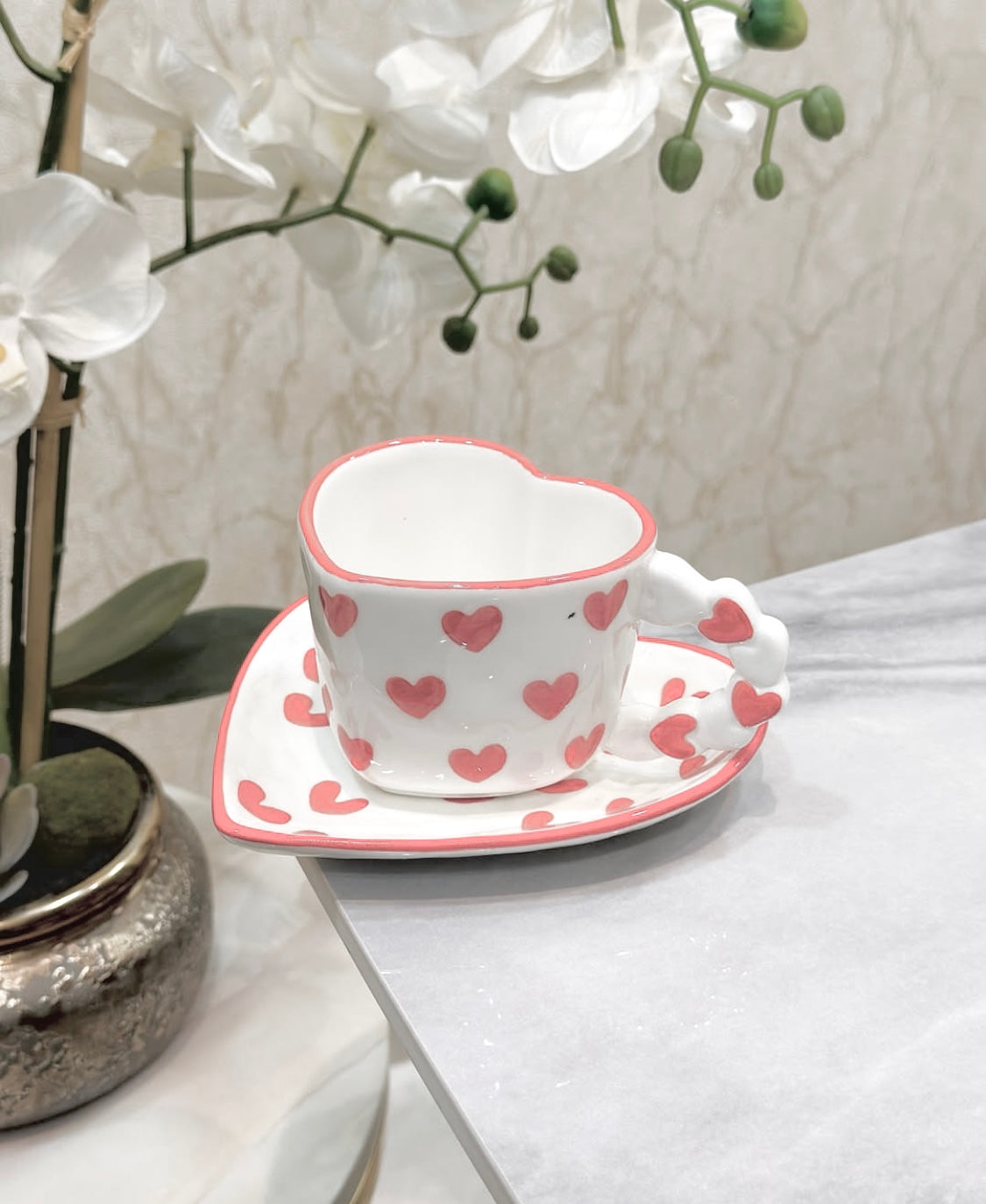 Heart Shape Mug With Saucer White With Purple Hearts (54-98) - 250 Ml Farawla